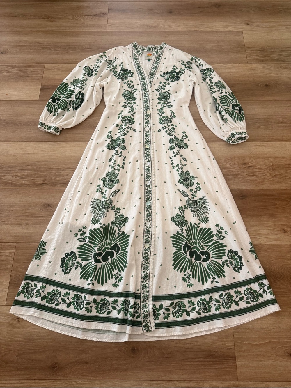 FARM RIO BRAND FOREST SOUL White & Green Floral Long Dress Linen